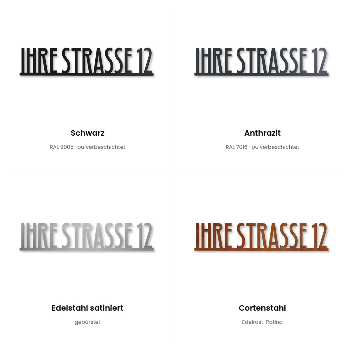 Straßenschild Modern – alle Oberflächen: Schwarz, Anthrazit, Edelstahl satiniert, Cortenstahl · WesterWerk