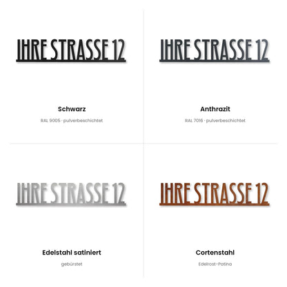 Straßenschild Modern – alle Oberflächen: Schwarz, Anthrazit, Edelstahl satiniert, Cortenstahl · WesterWerk