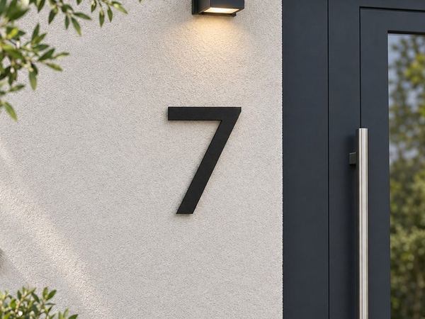 Moderne Hausnummer 7 aus Edelstahl neben der Haustür