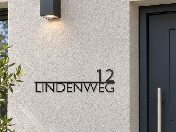 Modernes Straßenschild Lindenweg 12 aus Edelstahl neben der Haustür